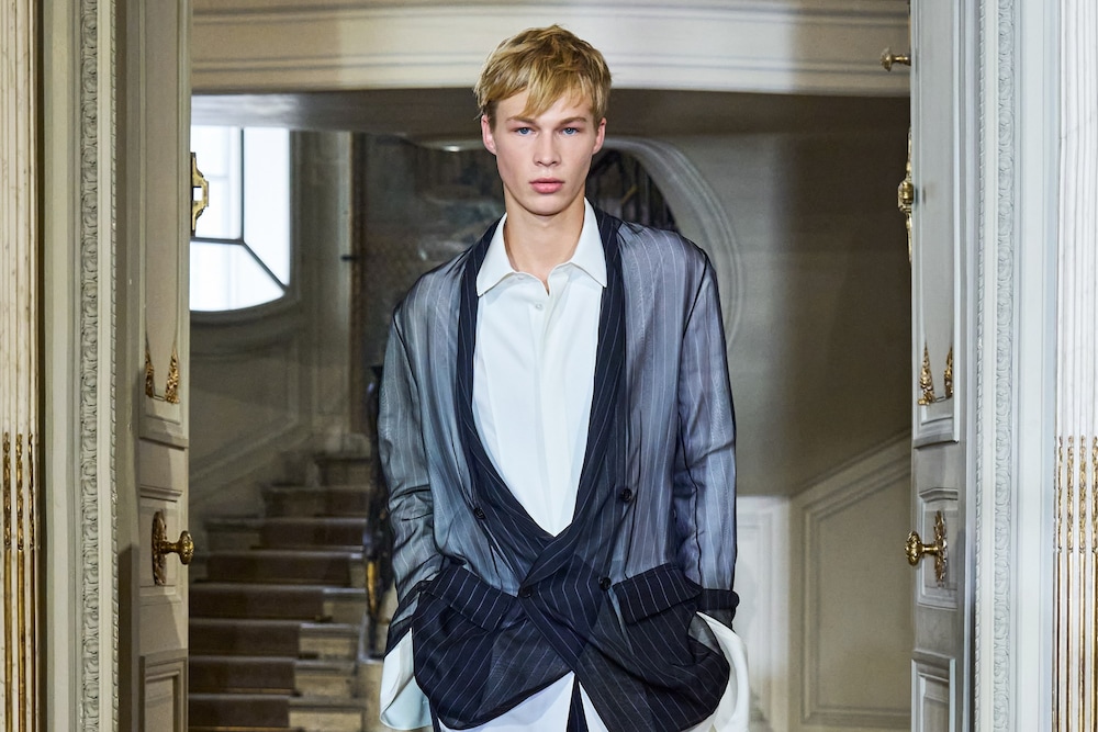 Dior SS27 men's, semi-transparent silk chiffon tailoring