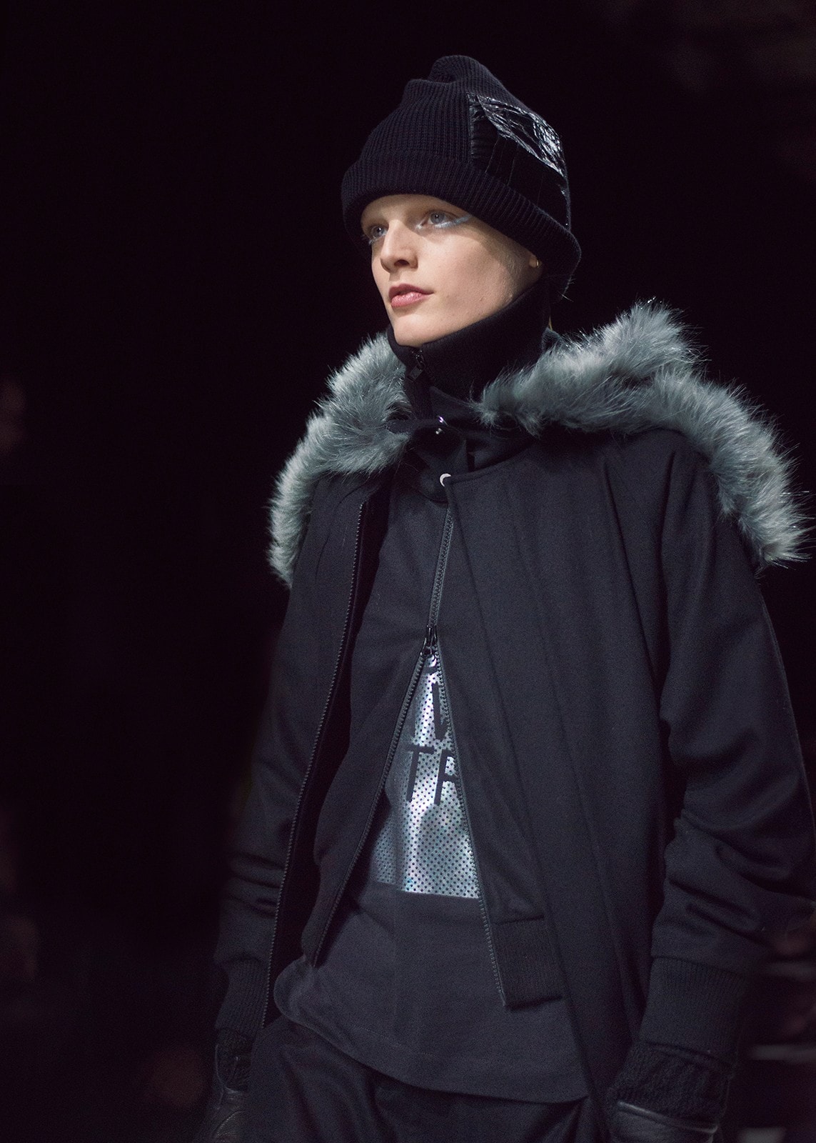 Y-3 AW15 Mens Beanie Hat Grey Fur Open Zip Mesh Metallic Top