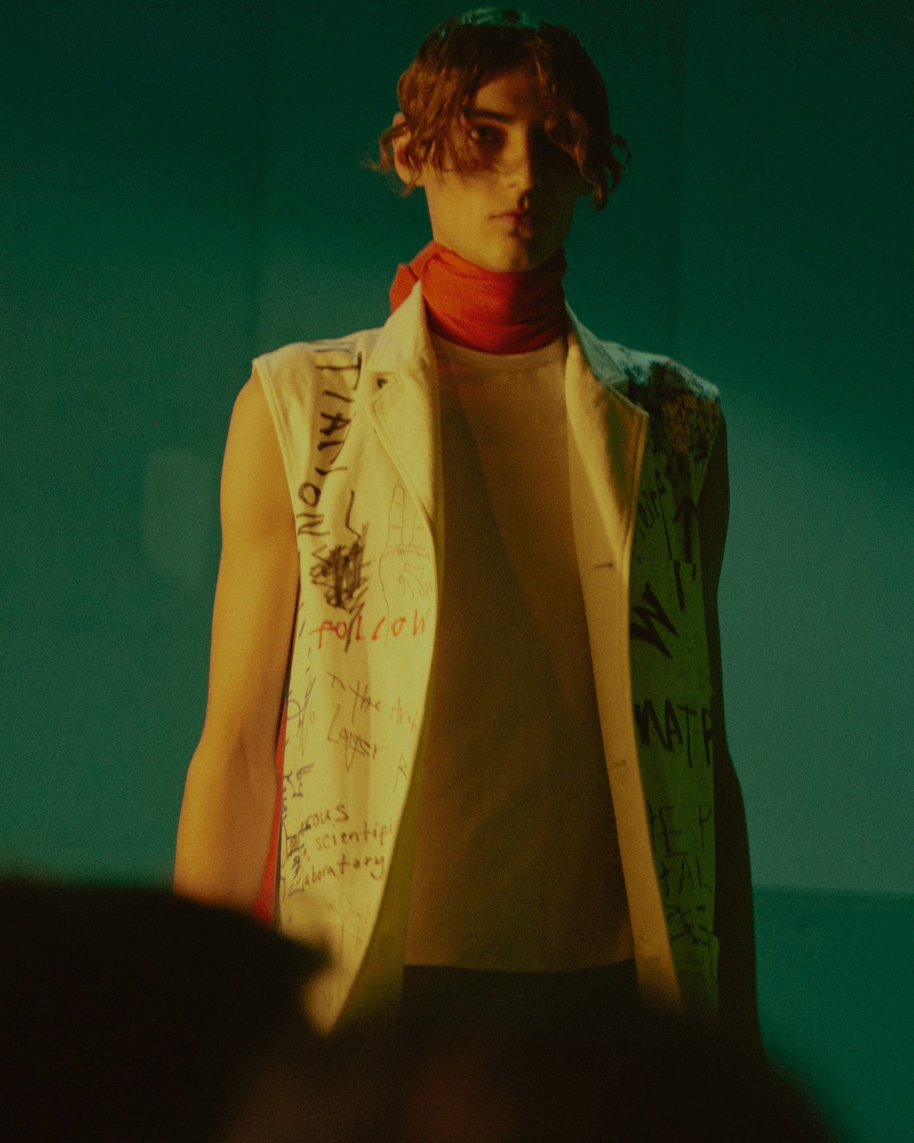 Raf Simons AW15 Mens Red Neck Tie Scribble Print Waistcoat 