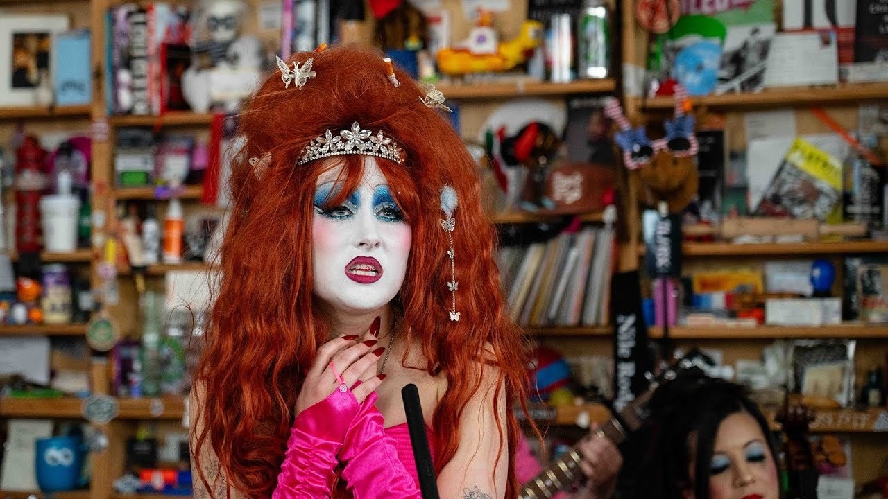 Chappell Roan performs for NPR’s Tiny Desk clown makeup