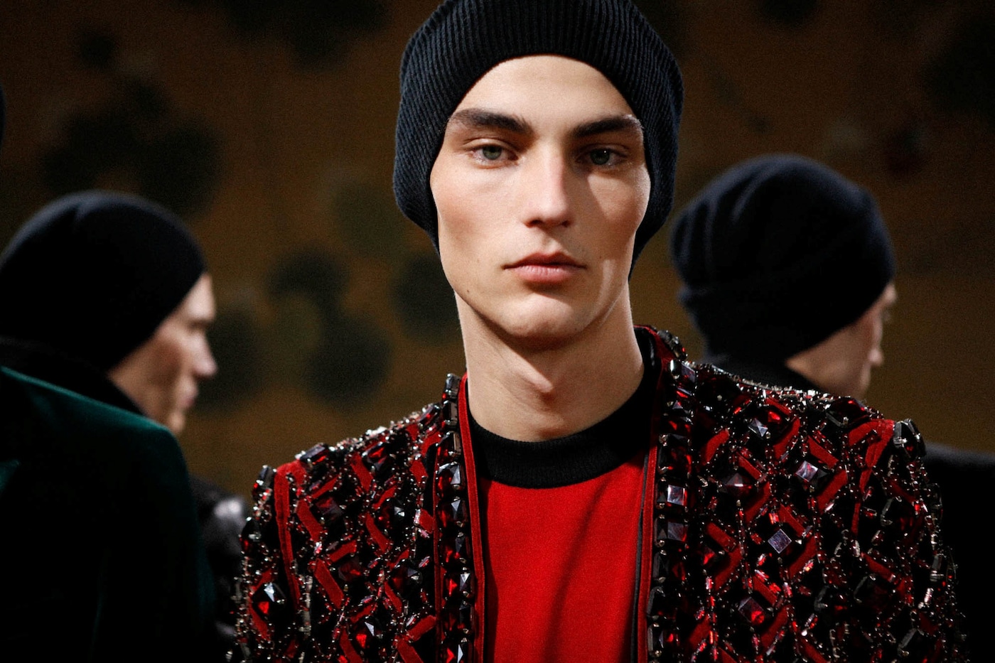 Backstage Balmain AW15 red gems model paris jacket beanie