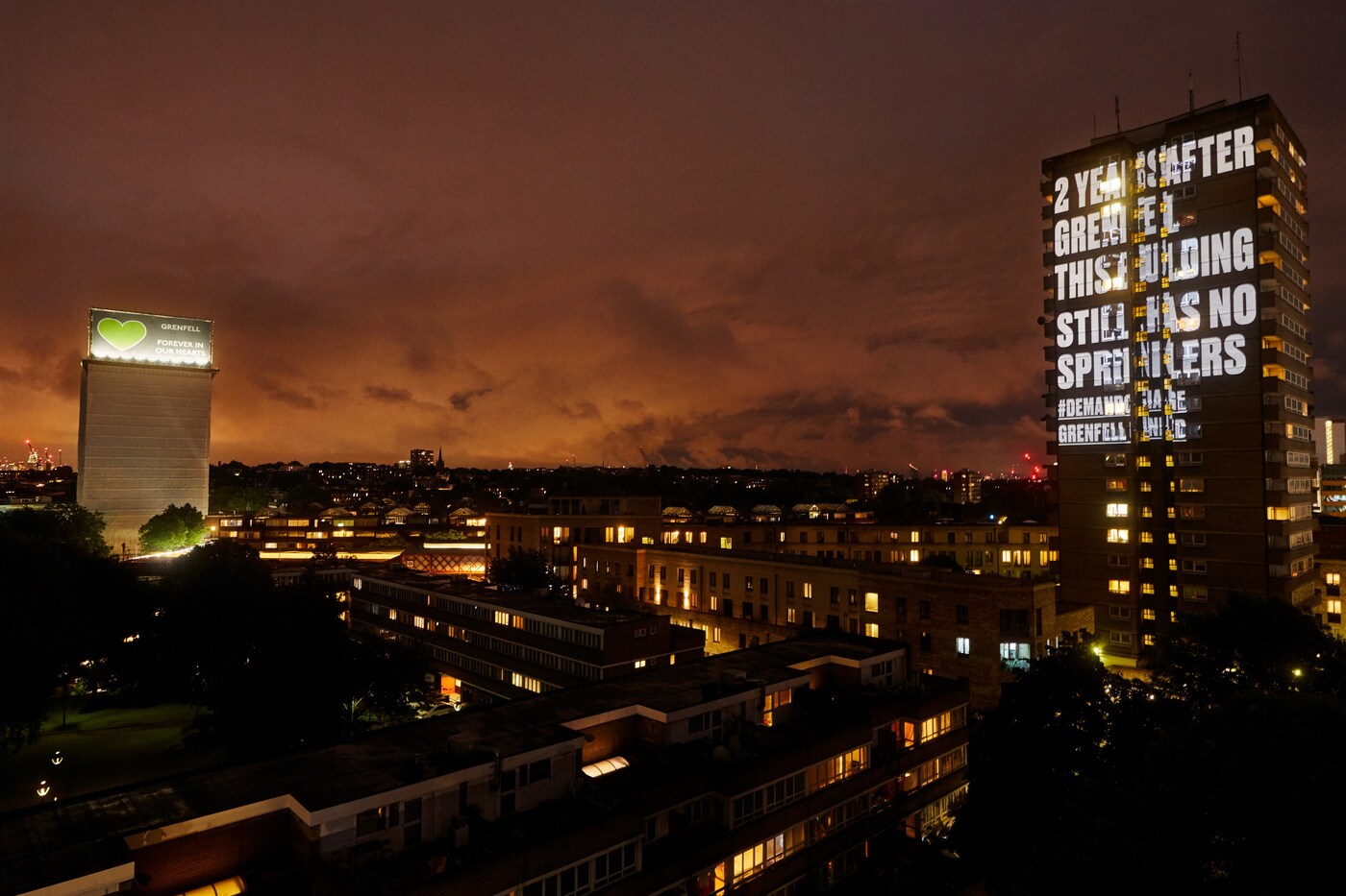 Grenfell United projections London with Grenfell Tower