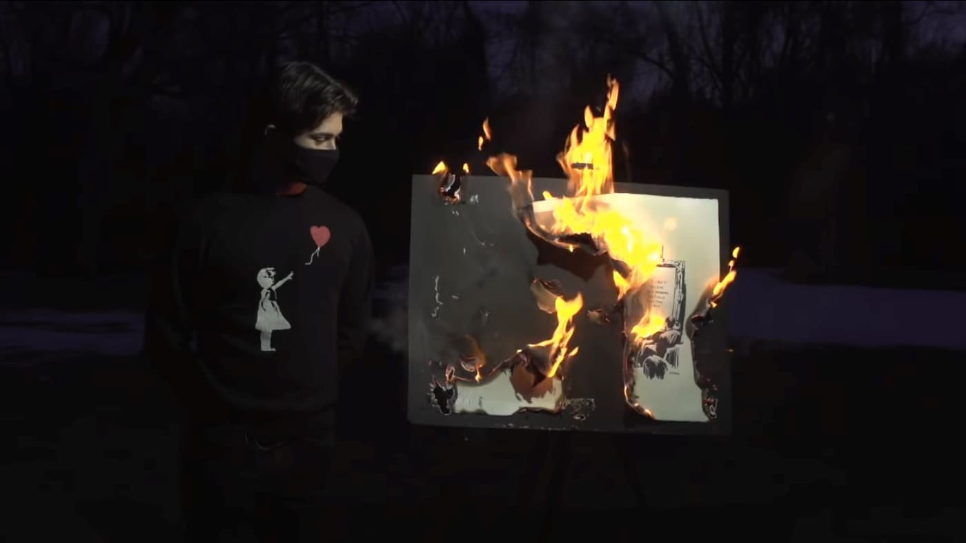 Banksy on fire, Morons (White)