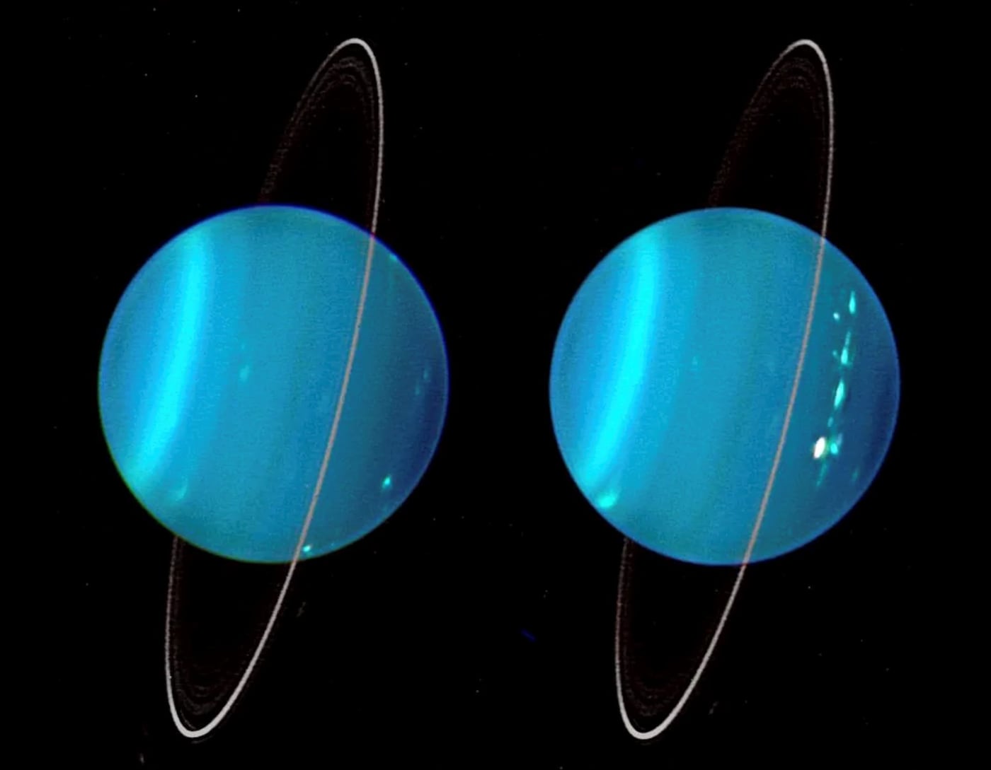 An infrared composite image of the two hemispheres of Uranus