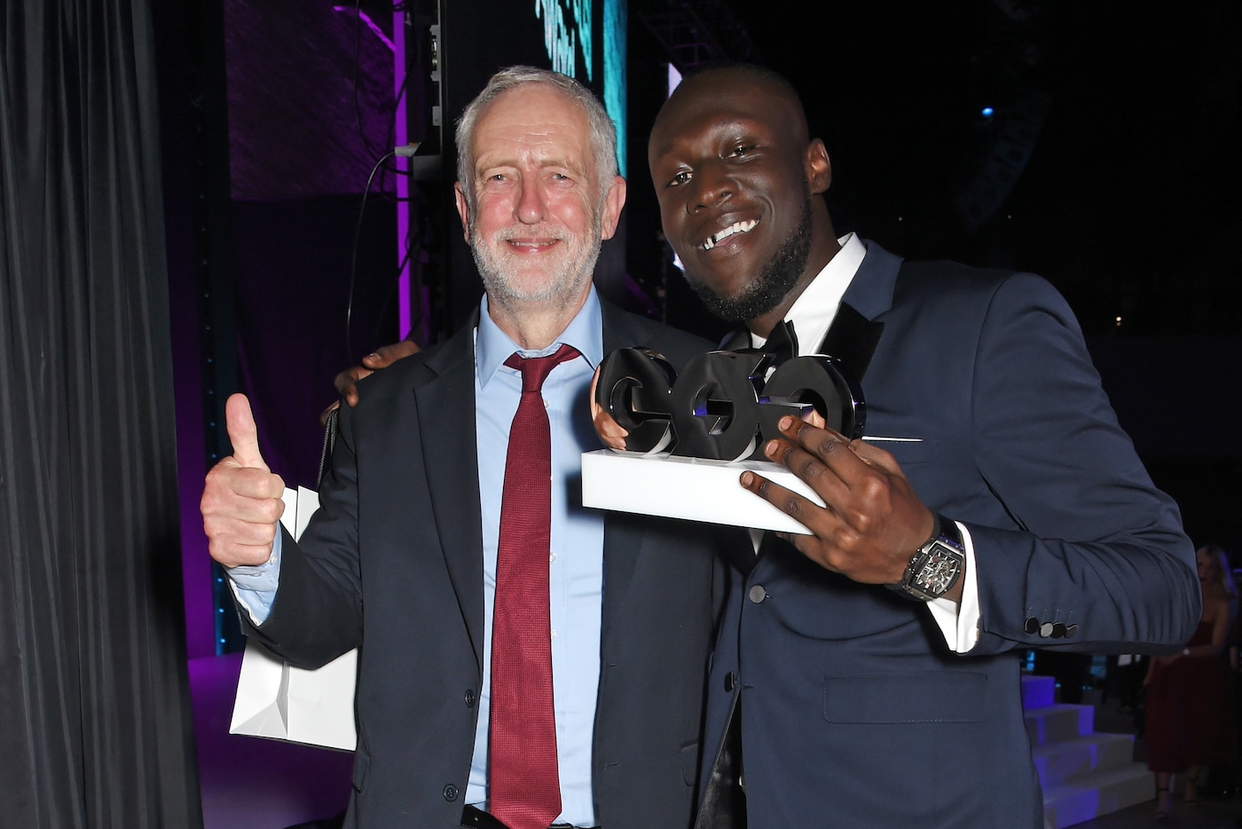 Leader of the Labour Party Jeremy Corbyn (L) and Stormzy