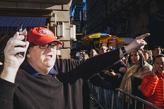 Michael Moore at an anti-Trump march, 2016