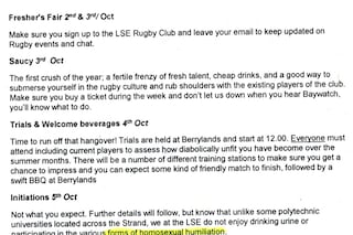 LSE rugby club sexist leaflet