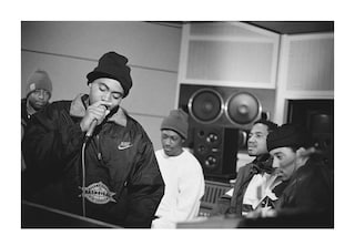 Nas in the studio during recording sessions for Illmatic
