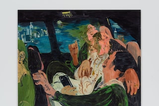 Salman Toor, Three Friends in a Cab (2021), Oil