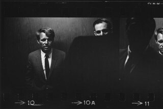 Double image of Bobby Kennedy in an elevator (1968