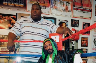 Satin boxing robe by EVERLAST; t-shirt by G-STAR; 