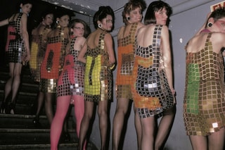 Models wearing curtain dresses during Fiorucci&#39;s 1