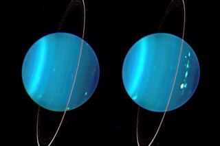An infrared composite image of the two hemispheres of Uranus