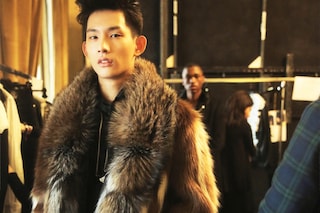 Roberto Cavalli AW15 fur brown quiff coat model backstage