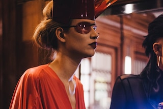 Pam Hogg AW15, Dazed backstage, womenswear, red, eyepatch