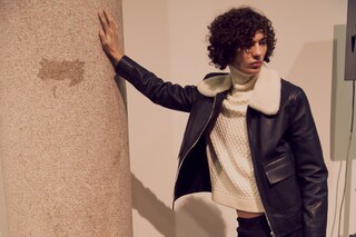 Neil Barrett AW15 backstage menswear Milan fur collar jacket
