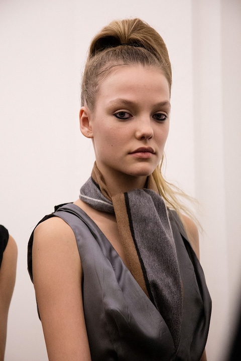 Prada AW15, grey dress, Dazed backstage