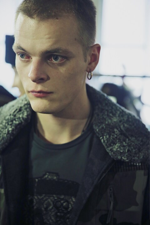 Antonio Marras AW15 Backstage Model Earring Jacket Crew Cut