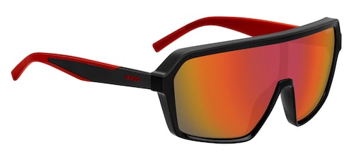 Mask-style sunglasses with red shaded lenses