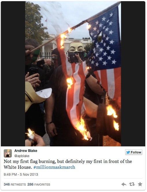Flag burning on Anonymous Million Mask March 