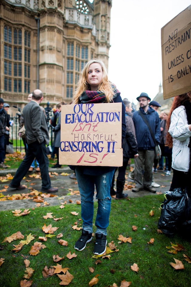 Westminster mass face-sitting UK porn ban protest 18