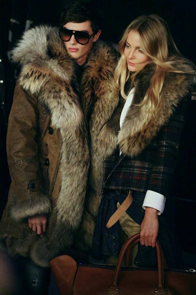Backstage Dsquared2 menswear aw15 fur coat sunglasses girl 5