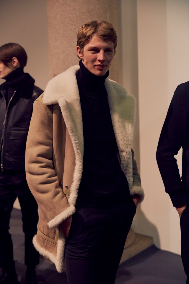 Neil Barrett AW15 backstage menswear Milan fur lined coat 8