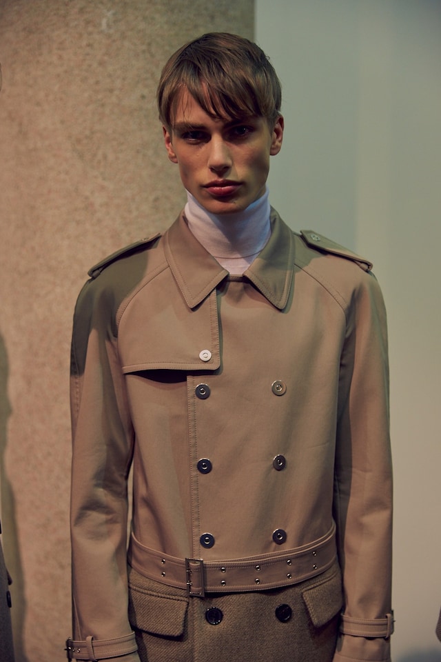 Neil Barrett AW15 backstage menswear Milan camel trench coat 15