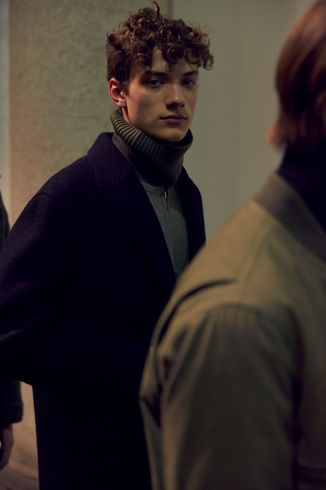 Neil Barrett AW15 backstage menswear Milan green polo neck 1