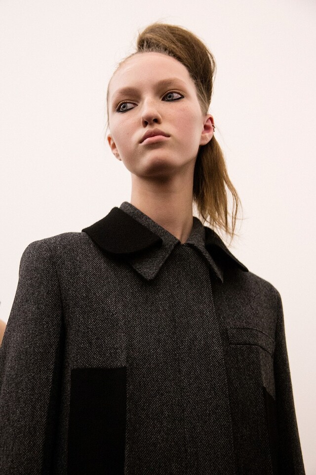 Prada AW15, grey coat with collar detail, Dazed backstage 2