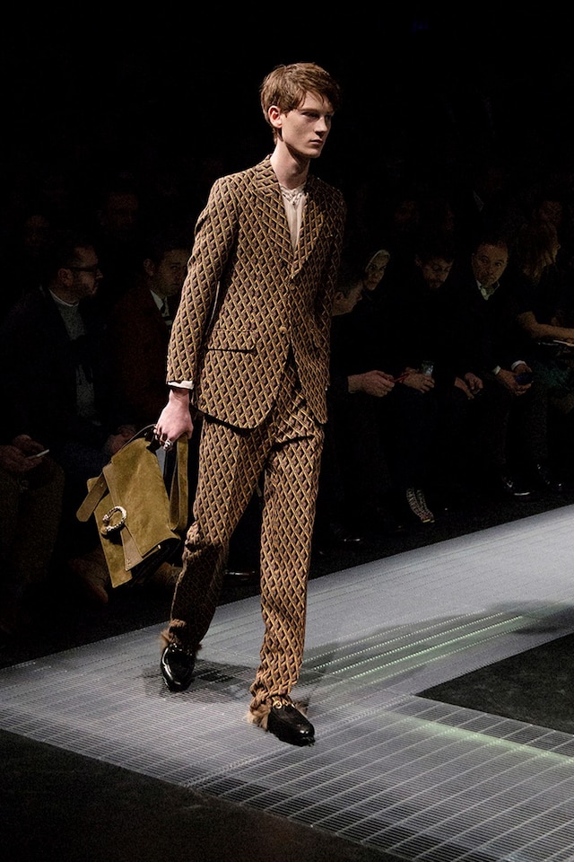 Gucci AW15 brown print suit, Menswear, Dazed backstage 12