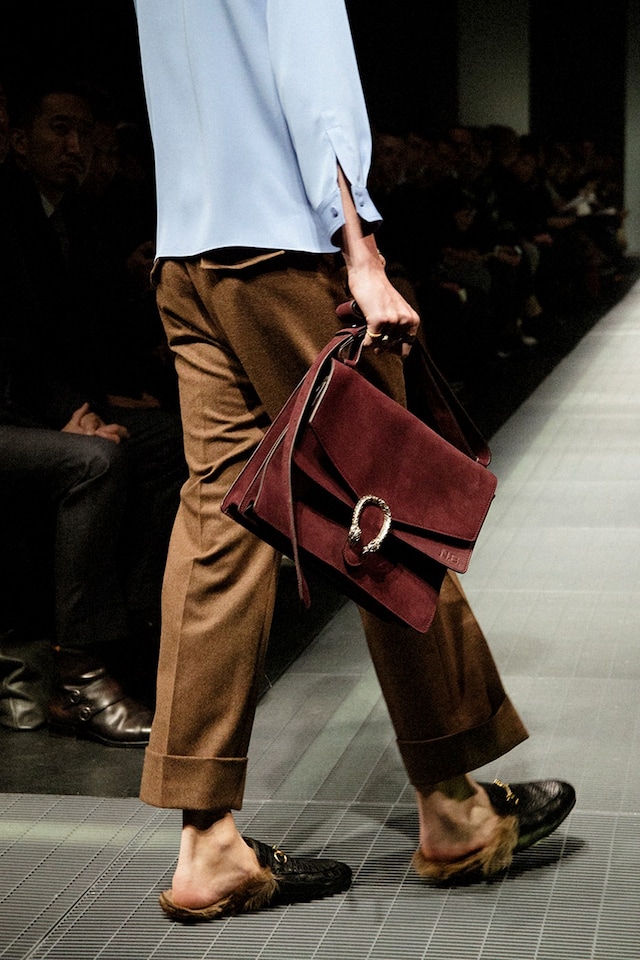 Gucci AW15 brown suede Gucci bag, Menswear, Dazed backstage 22