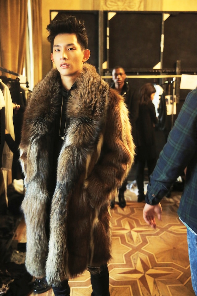 Roberto Cavalli AW15 fur brown quiff coat model backstage 3