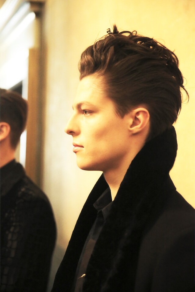 Roberto Cavalli AW15 quiff profile jacket collar black 17