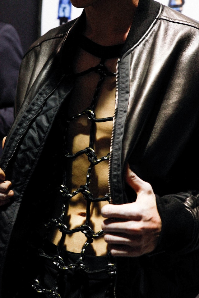 Phillip Lim AW15 Mens Black Leather Jacket Woven Knotted Top 14