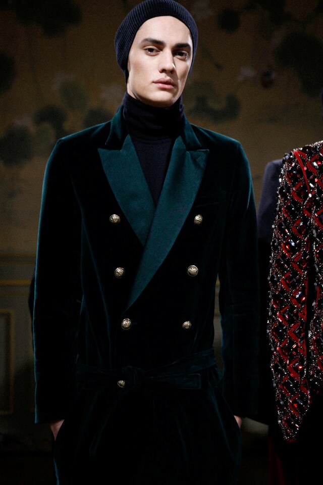Backstage Balmain AW15 paris emerald velvet suit buttons 11