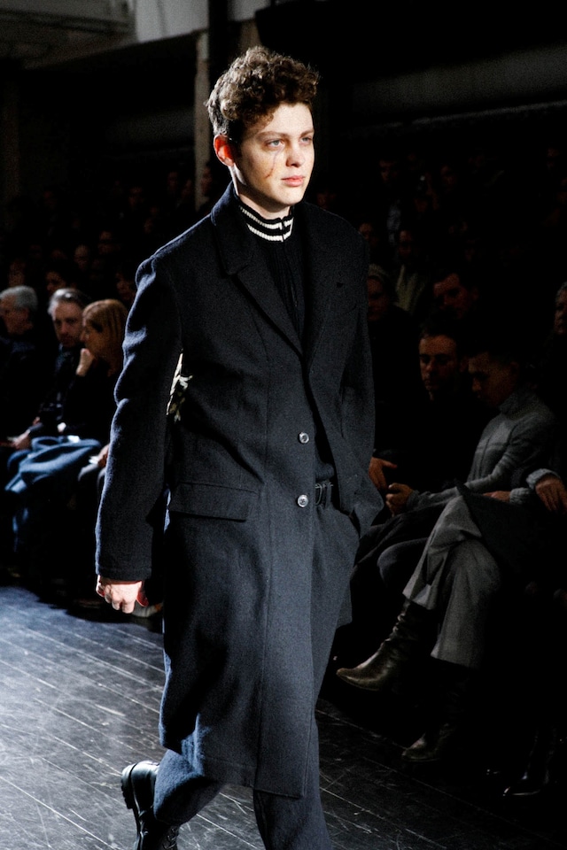 Yohji Yamamoto AW15 Striped Collar Longline Grey Wool Coat 3