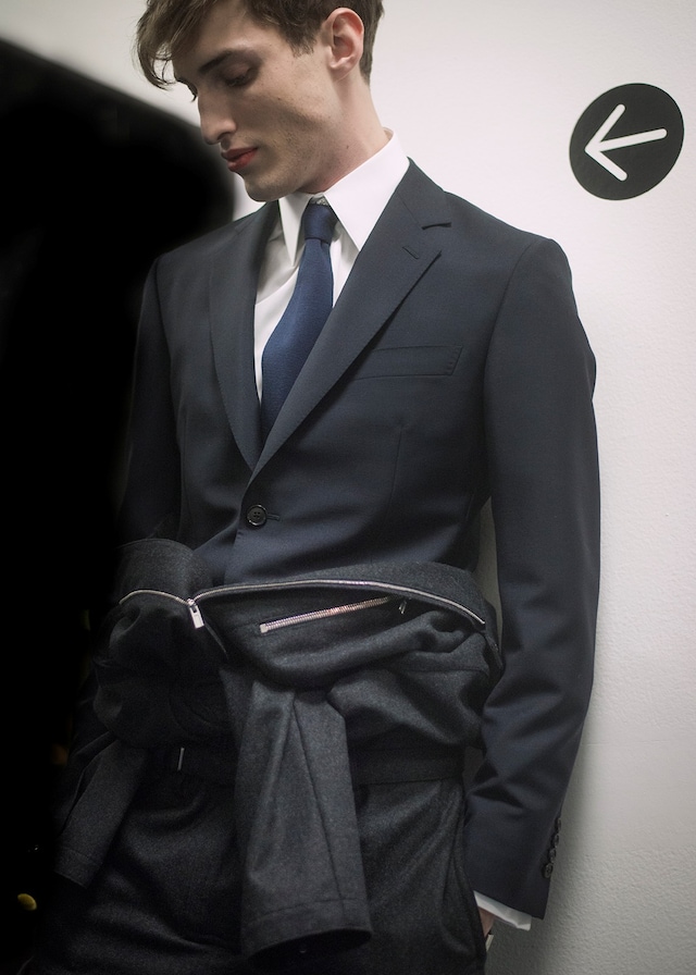 Backstage at Herm&#232;s AW15 Jacket Around Waist Blue Suit Tie 5