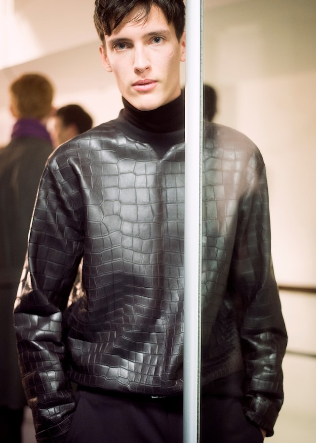 Backstage at Herm&#232;s AW15 Crocodile Leather Jacket Black 7