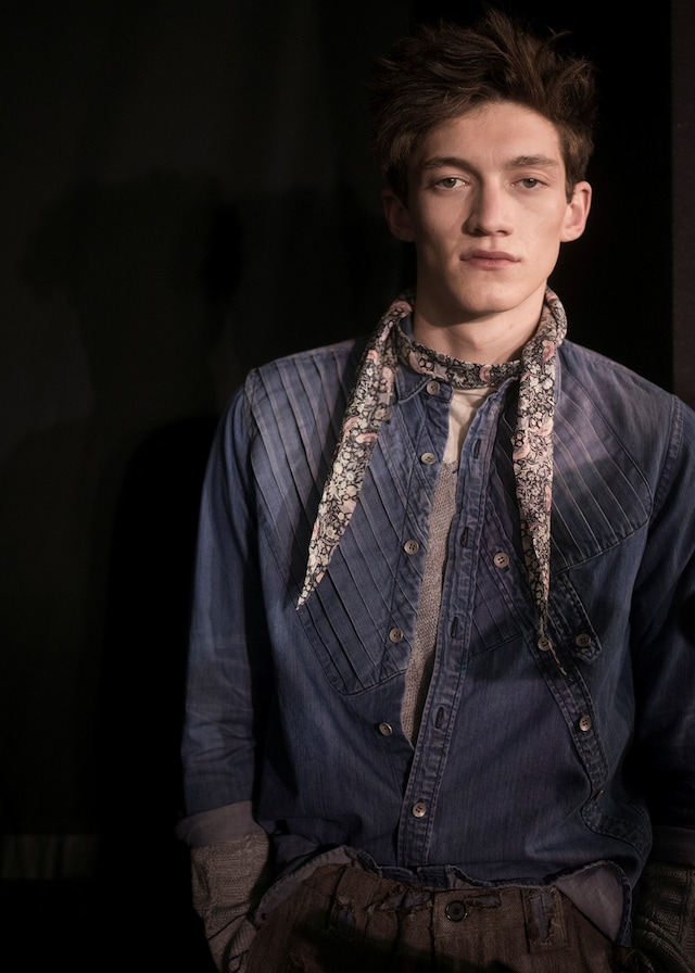 Miharayasuhiro AW15 Blue Denim Panel Shirt Floral Scarf 2