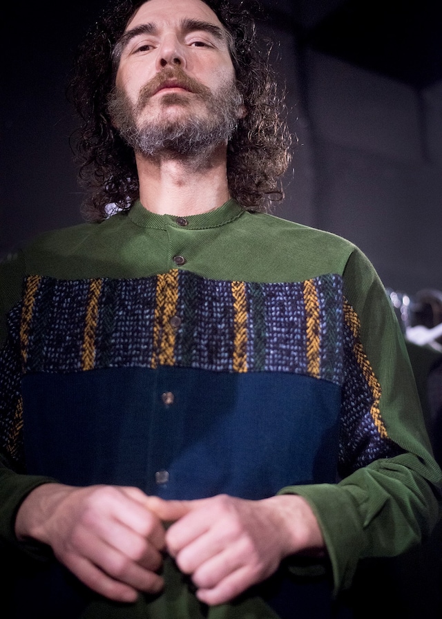 Umit Benan AW15 Green Crew Neck Jacket Blue Pattern Panel 9