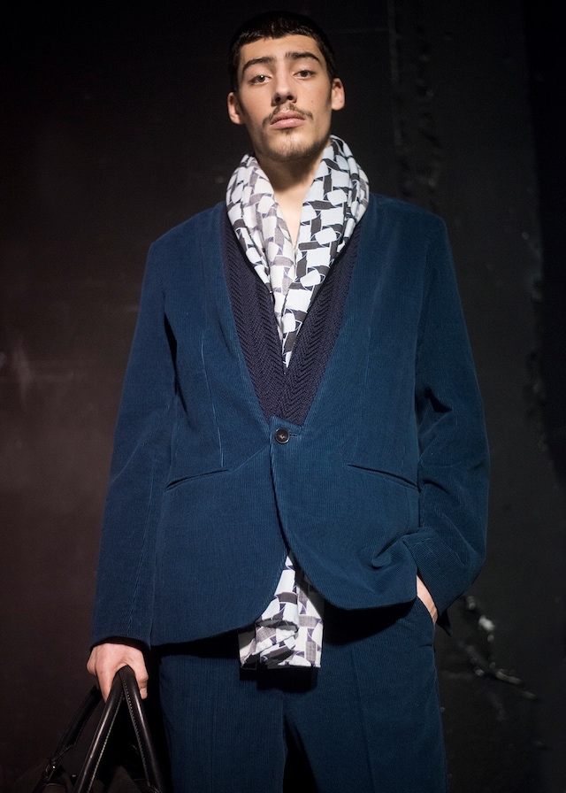 Umit Benan AW15 White Shape Print Scarf Blue Velvet Jacket 11