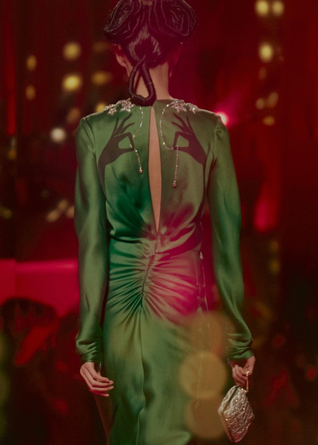 Schiaparelli Haute Couture AW15, green dress w hands, Dazed 16