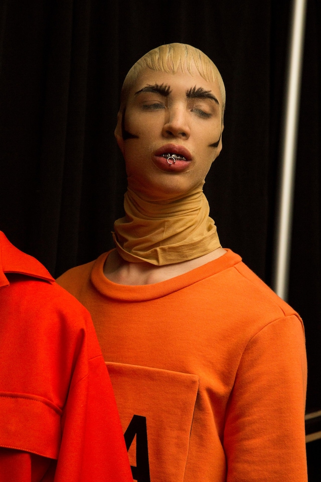 Hood By Air AW15 Dazed backstage womenswear pantyhose orange 2