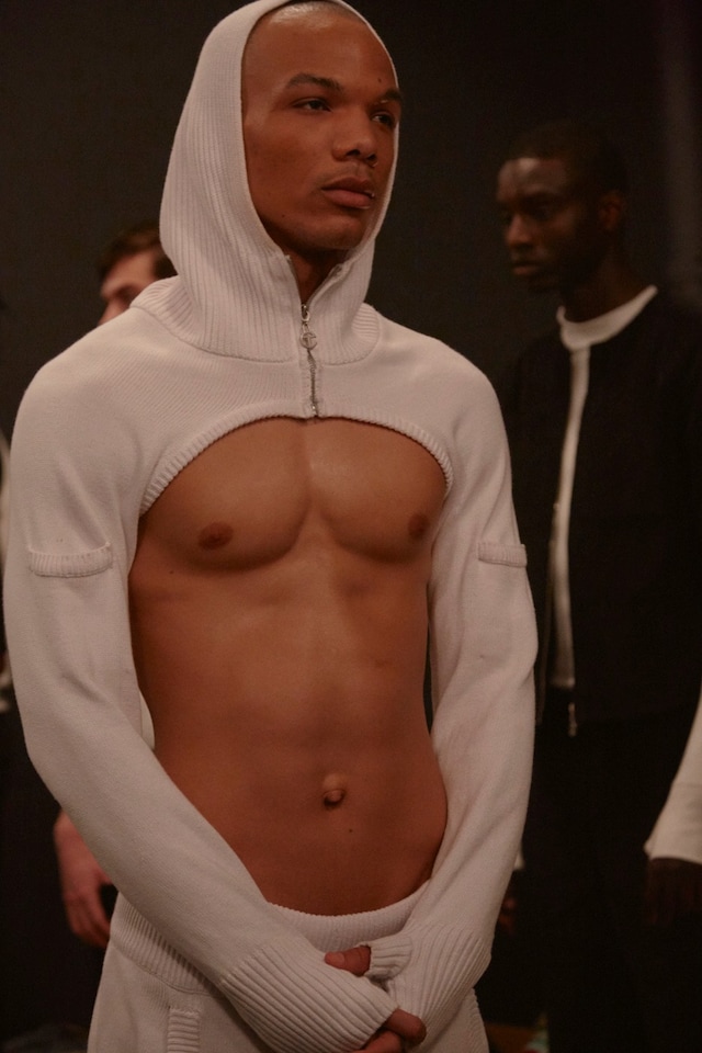 Telfar AW15 Backstage Dazed New York White Hood Bare Chest 12