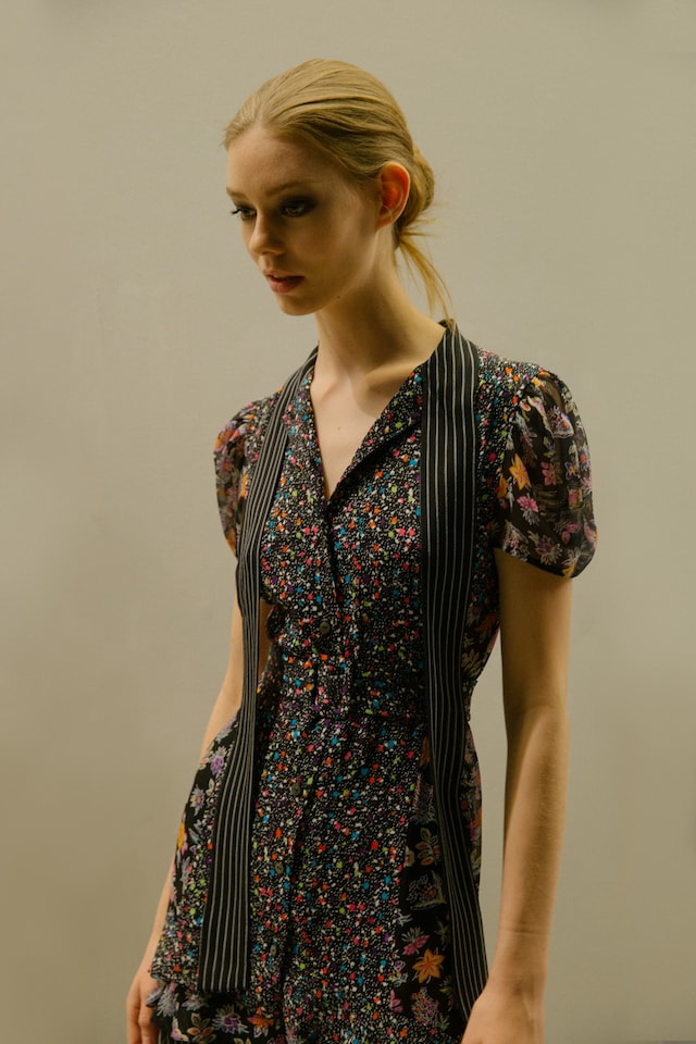 Diane von Furstenberg AW15, floral dress w pinstripe, Dazed 2