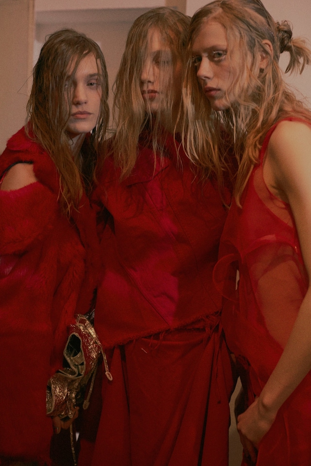 Marques’Almeida AW15 Womenswear Trio Red Fray Hem Fur 7