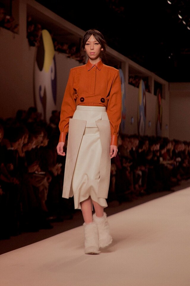 Fendi AW15, Womenswear, Dazed, Furry Boots, Orange Shirt 2