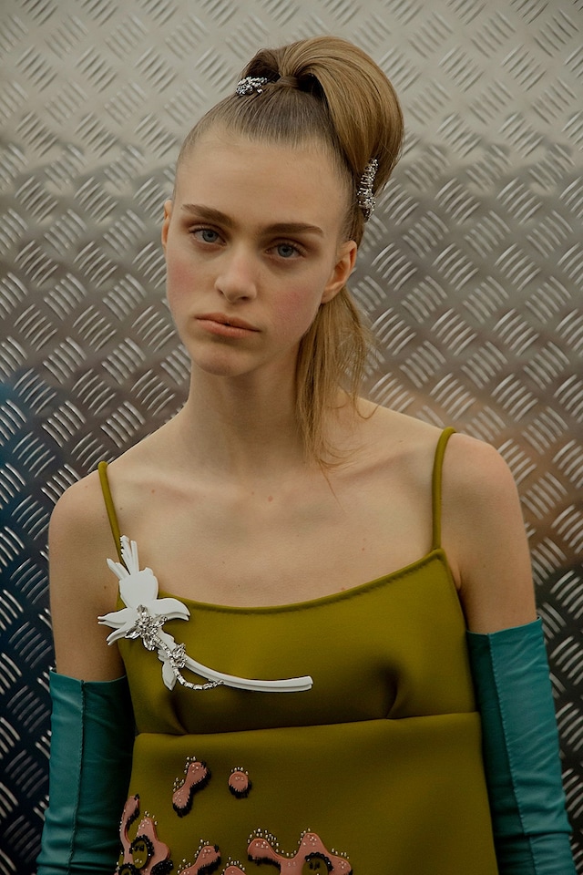 Prada AW15, Dazed backstage, Milan, Womenswear, white brooch 13