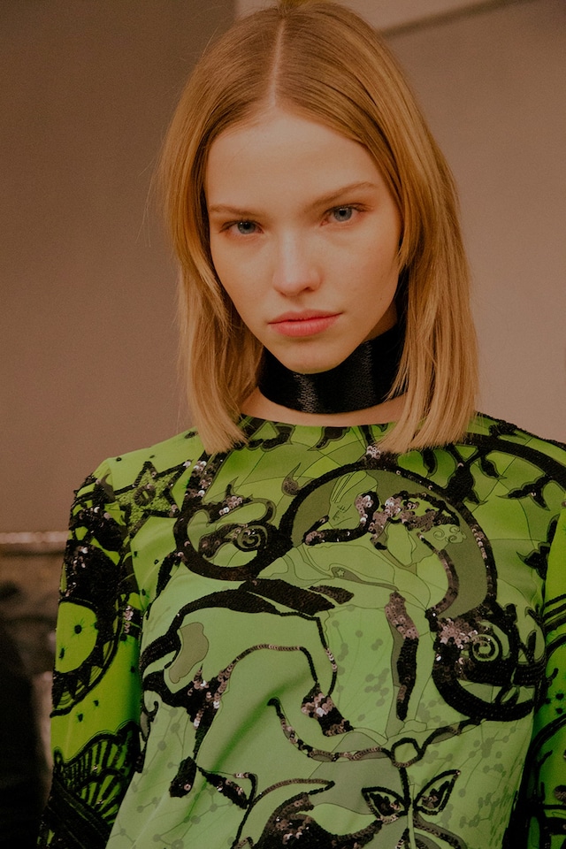Emilio Pucci AW15 Dazed backstage Womenswear green embroider 1